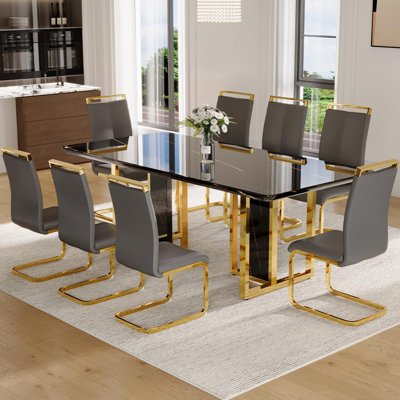 Black Dining Table Set For 8, 78.7" Dining Table Set With Chrome Plate Leg, Modern Kitchen Table And Chairs Set Of 8 For Dinner Room,High Glossy,Sturdy Structure
