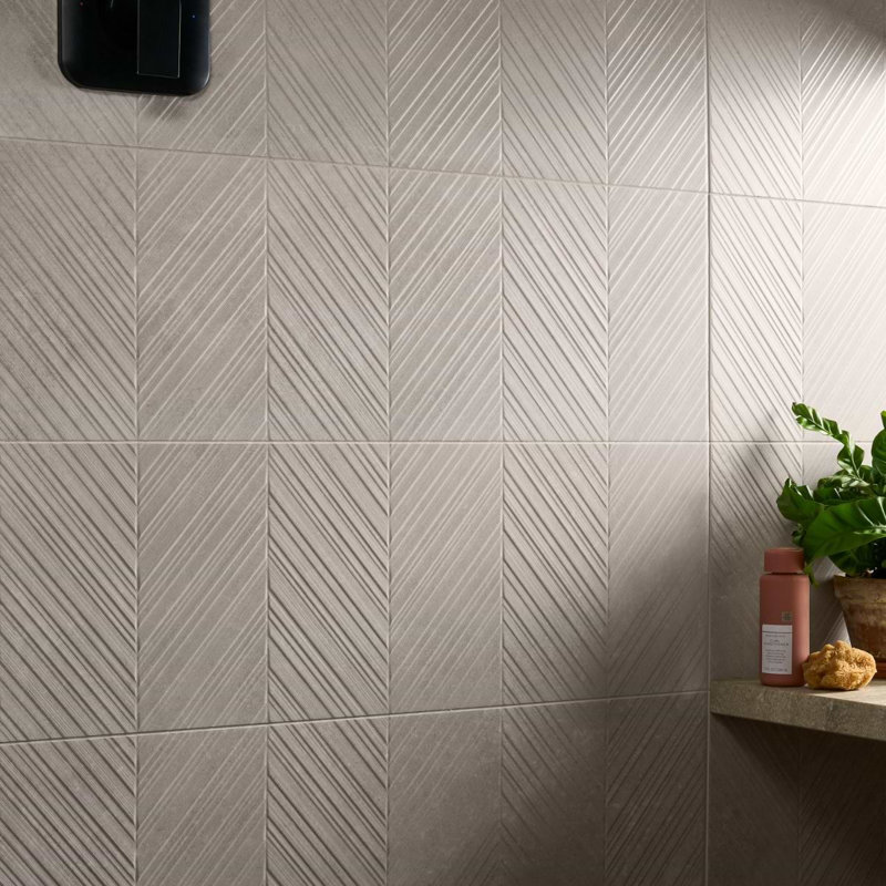 Stoneside Chevron 12x36 Textured Matte Ceramic Tile, Pearl Gray
