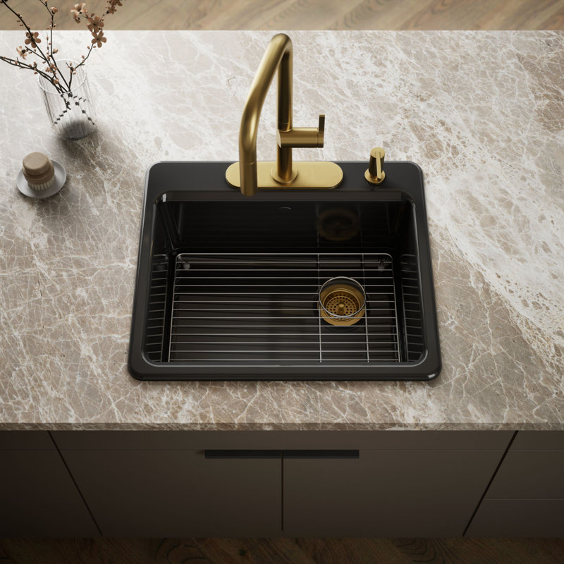 Riverby® 25" L x 22" W x 9-5 8" Bar Kitchen Sink with Basin Rack, 3 holes, Biscuit