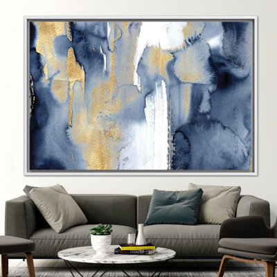 Modern Abstract Navy Blue and Gold Painting - Trendy Contemporary Wall Art Decor