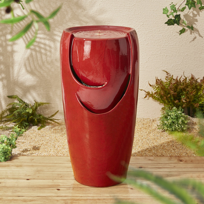 21.25" Red Ceramic Pot Fountain with LED Light