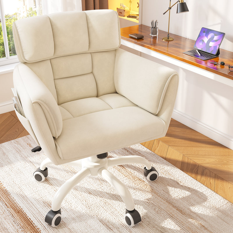 Chaise de bureau rembourrée avec poches latérales, Jaune pâle, Blanc
