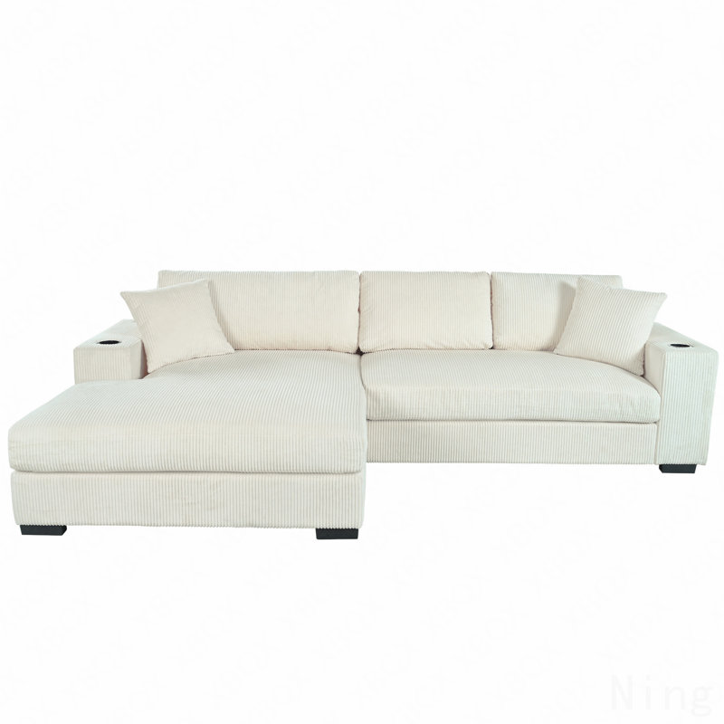 Mirod Large Sectional Sofa With Thick Cushions, And Built-In Cup Holders & Charging Ports, Beige Corduroy