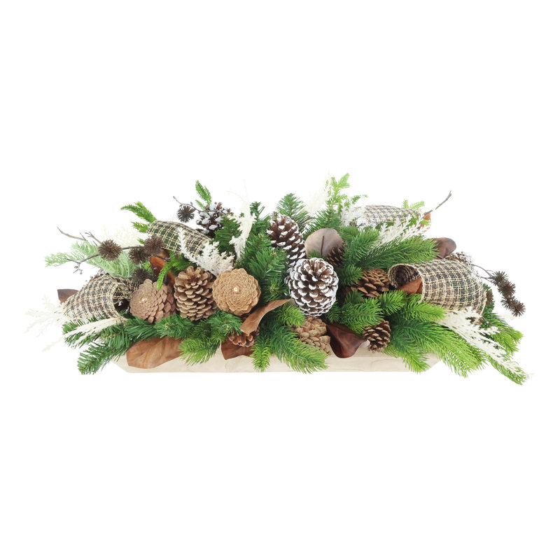 Holiday Centerpiece with Evergreens, Pinecones and Bows