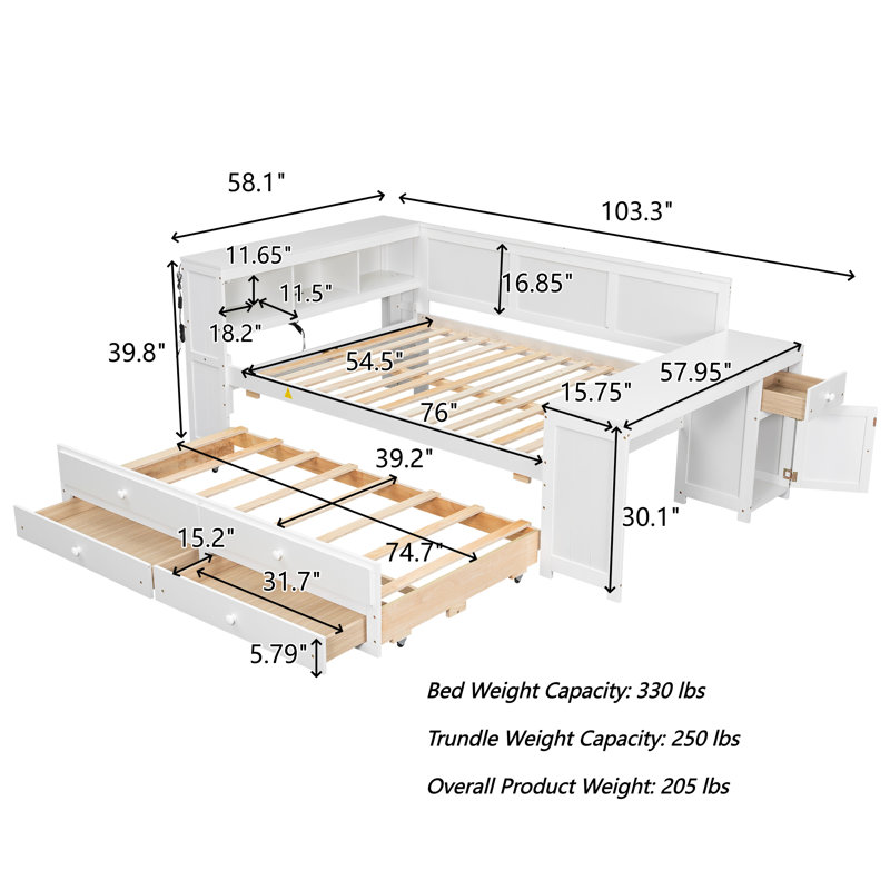 Full Daybed With Trundle, Desk, Charging Station And Storage, White