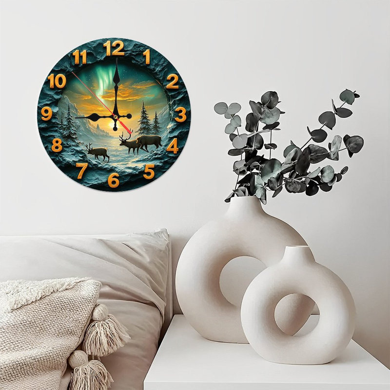 Horloge murale renne paysage d'hiver