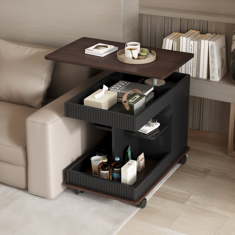 Adjustable Coffee Table With Wheels, Modern Multi-Functional Sofa Side Table With A Lift-Up Ceiling, 360° Rotatable Top