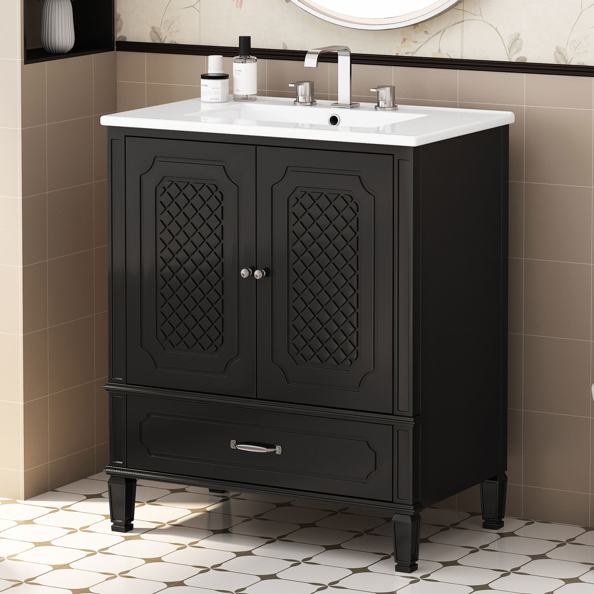 Charlton Home® Vintage-Style Bathroom Vanity with Sink, Multi-Functional Storage, Door Shelf ...