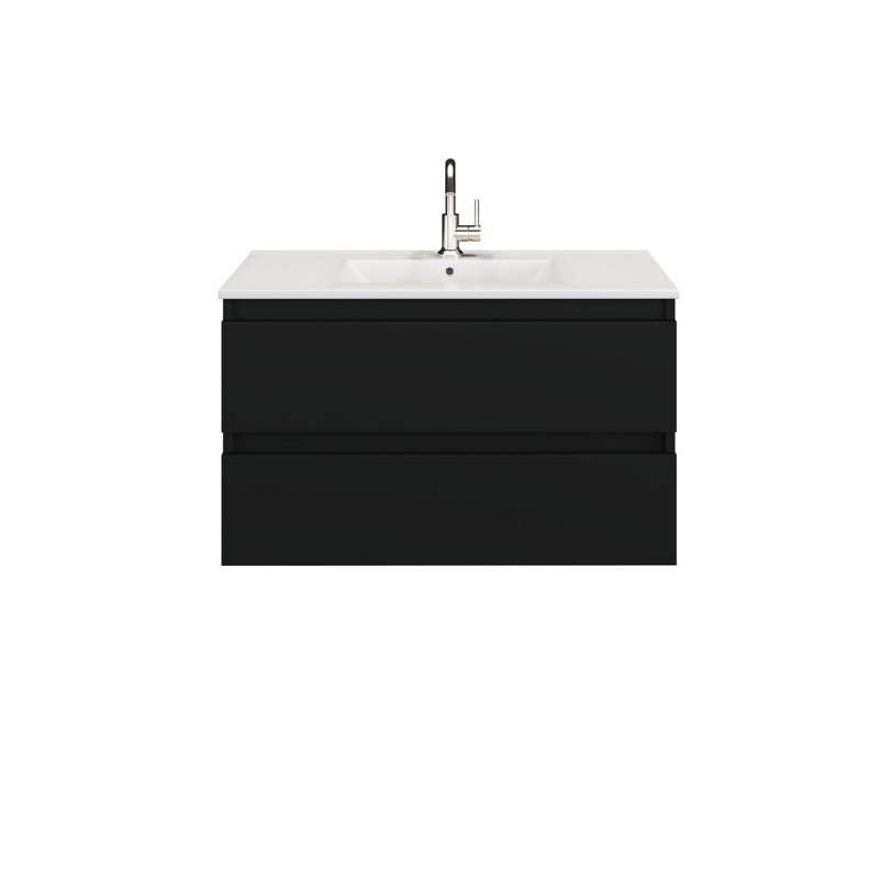 Ensemble de meuble-lavabo mural flottant en céramique 36 po Salt [18D], Noir lustré