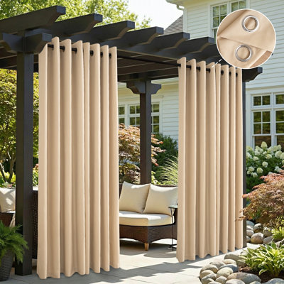 Outdoor Curtain Grommet Top, Waterproof Black Out Thermal Insulated Outdoor Bedroom Livingroom Curtains, Effective Sun and Privacy Protection Curtain, for Balcony Terrace Pergola Indoor, Single Panel, 100" W x 108" L Beige