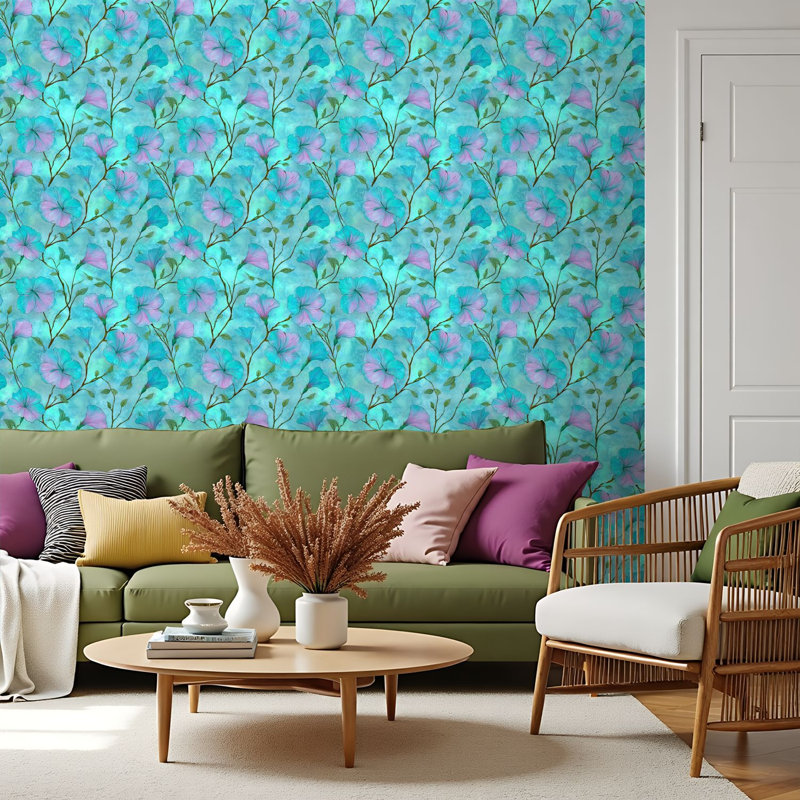 Papier peint auto-adhésif à peler et coller Painterly Botanical Blossoms Vines, 117.6" L x 17.5" W