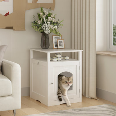Meuble de rangement pour litière pour chat, Jacquez d'intérieur en bois avec armoire fermée et tablette de rangement, table d'appoint pour chat moderne pour salon ou chambre à coucher
