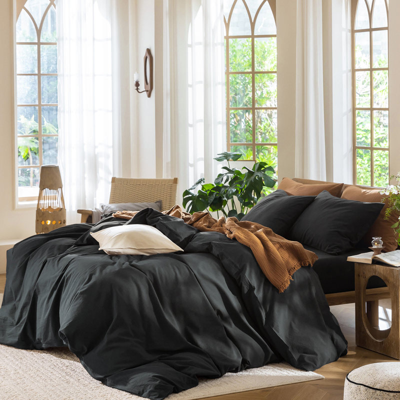 Ensemble de housse de couette légère avec fermeture à glissière 8 attaches 100% coton lavé MooMee, Noir
