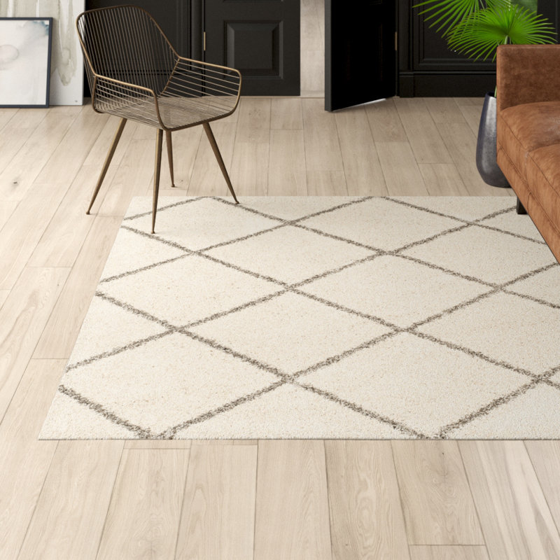 Darrold Shag Performance Geometric Rug, Rectangle 8' x 10', Ultra Plush 1.81", Ivory/Gray