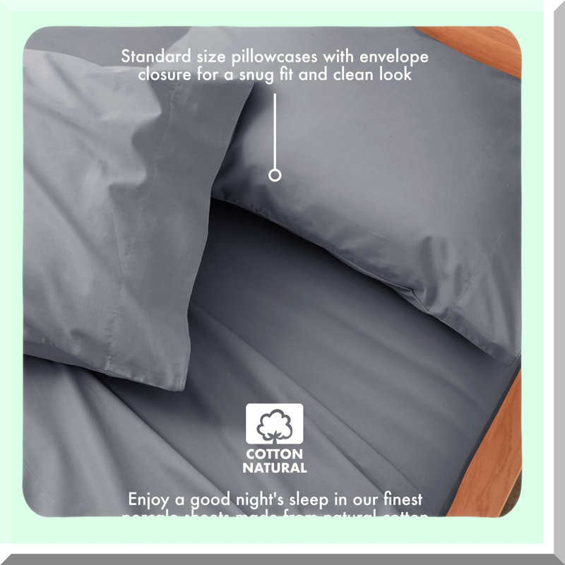 CoolCotton Queen Sheet Set - Moisture-Wicking Percale Fitted Sheet & Pillowcases - Deep Pocket 15" - Breathable Cooling - Easy Care - Charcoal Gray