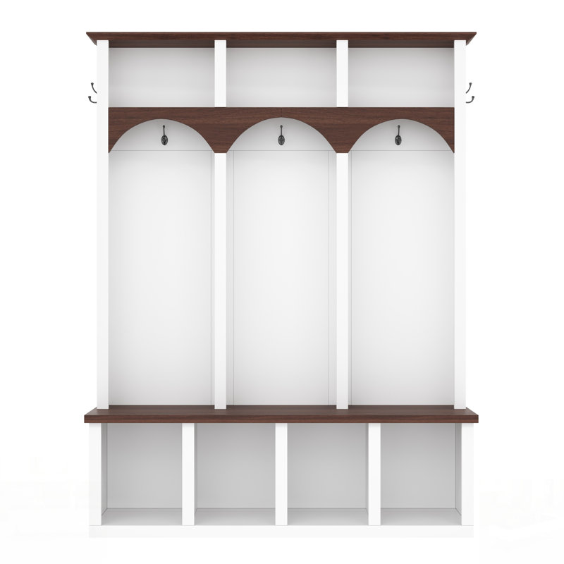 Farmhouse Wooden Style Hall Tree With Arched Design, Practical Entryway Walnut Storage Bench With 5 Black Hooks, Minimalist 4-In-1 Hallway Shoe Cabinet With 7 Cubbies For Mudroom, Living Room