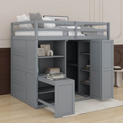 Lit mezzanine double avec garde-robe, tablettes et bureau