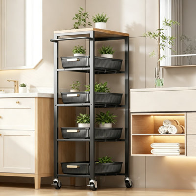Chariot utilitaire roulant à 5 niveaux avec paniers en filet coulissants et plateau en bois | Organisateur mobile de grande capacité pour la cuisine, la salle de bain, la salle de lavage et le bureau