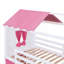 Lit plateforme simple en bois massif de style cabane simple avec tente et fenêtre, rose et blanc doux