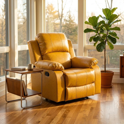 Single Recliner | Yellow Breathing Leather | 110-115 ° Adjustable Recliner | 100000 Scratch Resistant | Solid Wood Frame