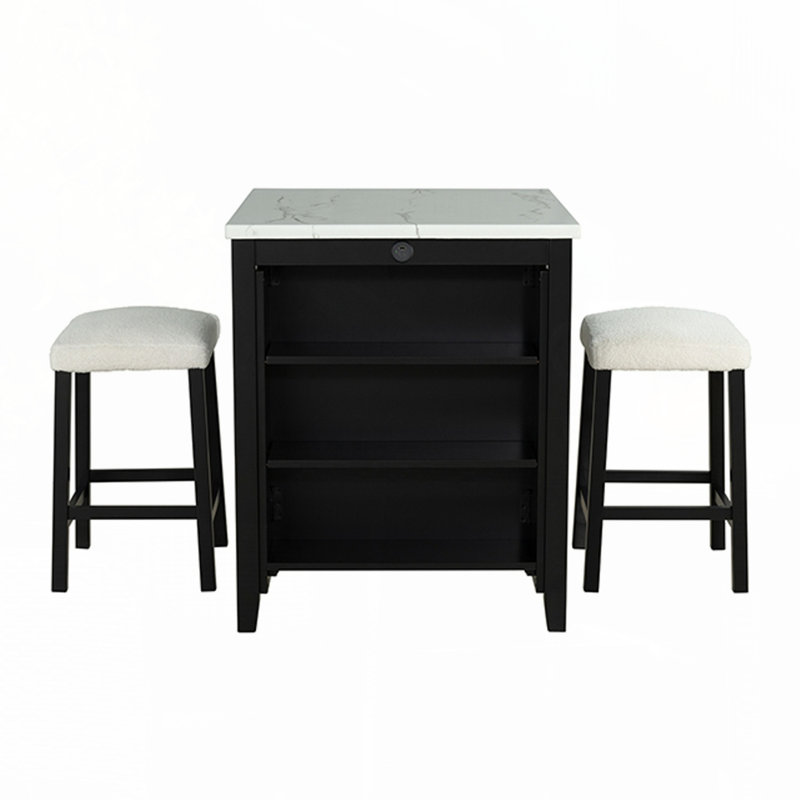 Ensemble de table de salle à manger noir avec tablettes latérales et tabourets ultra-brillants, ensemble de salle à manger 3 pièces blanc / ivoire