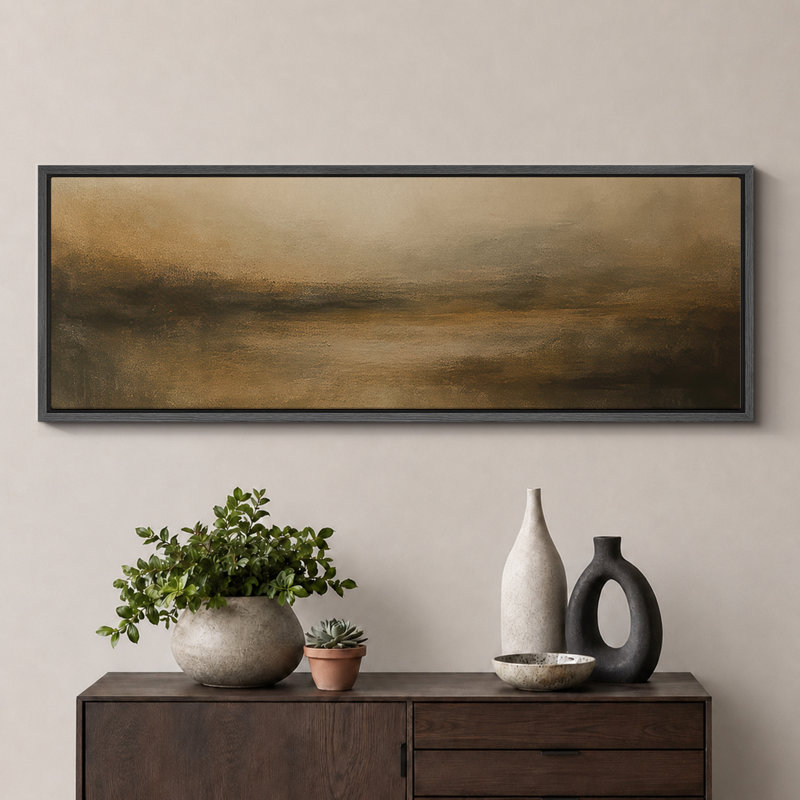 Large Framed Canvas Print Wall Art - Neutral Abstract Landscape Print for Minimalist Modern Wall Decor, 20" H x 60" W, Black