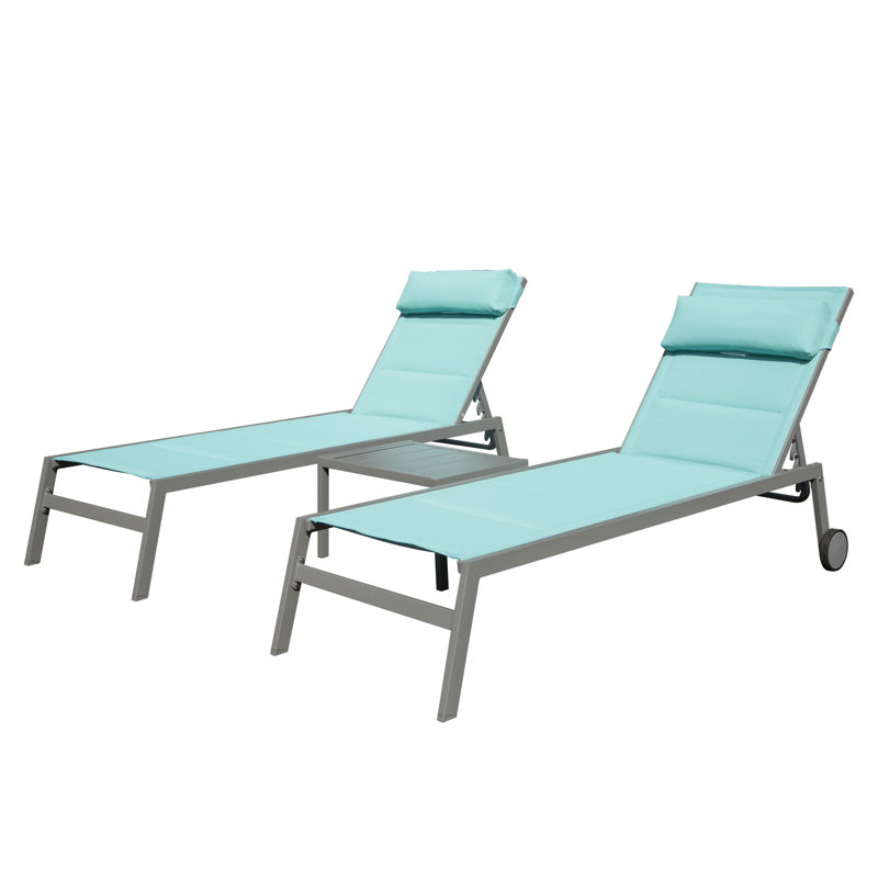 Ensemble de 3 chaises longues d'extérieur pour patio, Coussin bleu sarcelle / structure noire