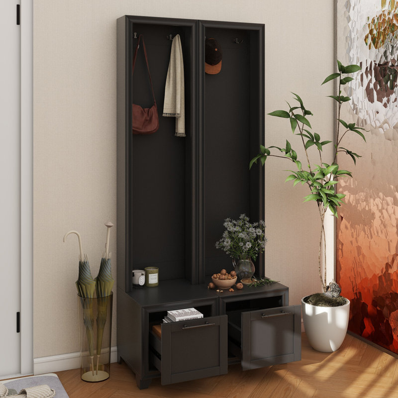 Elegant Free Standing Hall Tree Set Of 2, Multifunctional 3-IN-1 Entryway Coat Rack With Black Retro Handles, Seating Bench With Storage Drawers For Hallway, Living Room, 31.4"W*70.8"H
