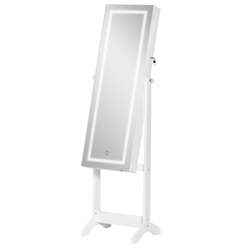 Floor Standing Jewelry Cabinet with LED Light, Lockable Jewelry Organizer with Full-Length Mirror, and 4 Adjustable Angles, White