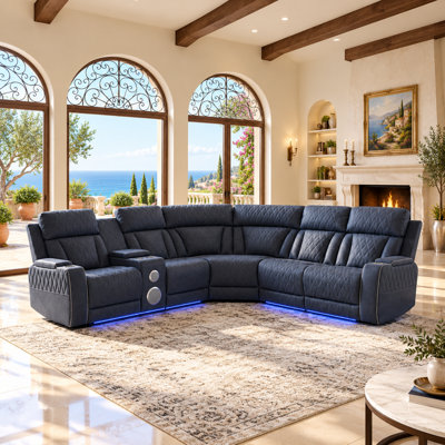Mason 3 Leather Trio Slate Blue Breathing Leather V Shaped Living Room Recliner Sofa