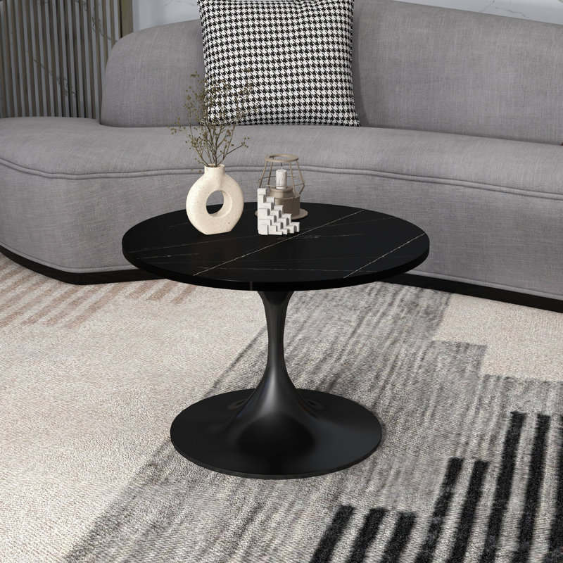 Verve 24" Black Marble Round Coffee Table with Stainless Steel Base