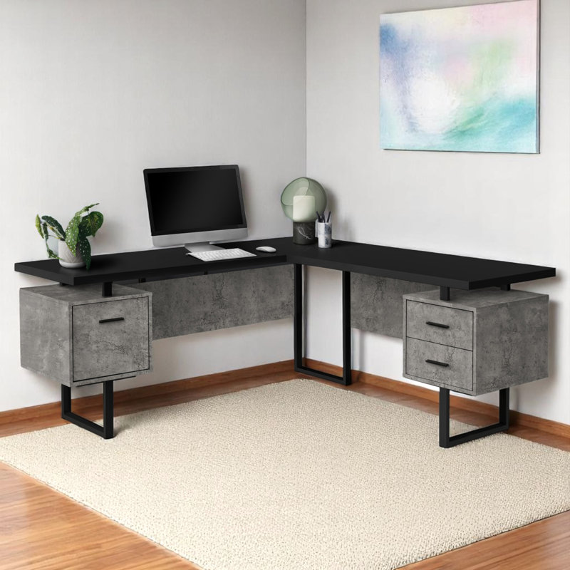 Bureau d'ordinateur moderne à finition noire et grise avec pieds en métal noir H 29,85 po x l 70,73 po