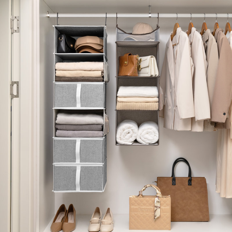 6-Shelf Fabric Hanging Closet Organizer with Removable Drawers, Foldable Wardrobe Storage Shelf for Clothes, Bags, Shoes