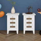 3 Drawers Rattan Nightstands Set Of 2, Wooden End Table With Rattan-Woven Surface, Bedside Table Storage Side Table