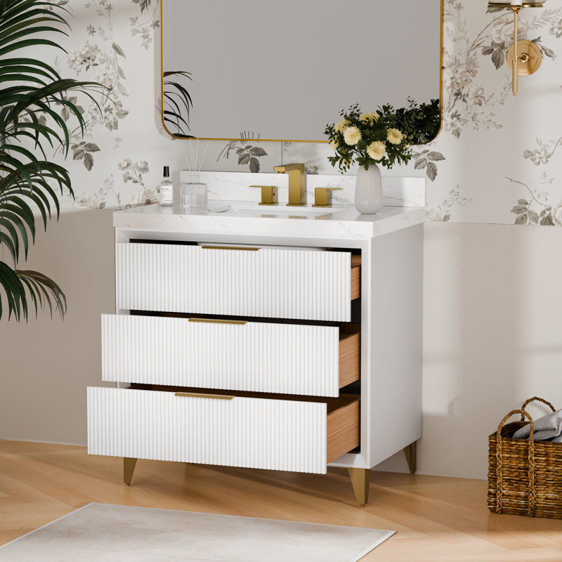 36'' Bathroom Vanity Ceramic Sink Top with Backsplash, Pre-assembled Bathroom Cabinet , White