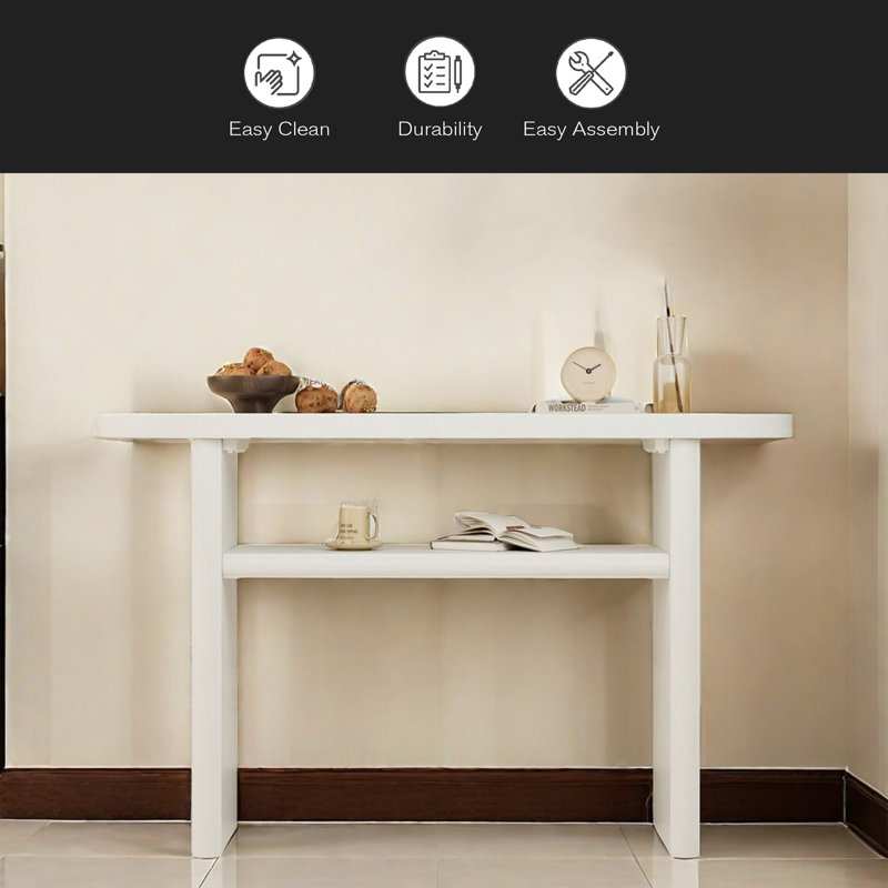 Elegant Minimalist Console Table With Rounded Edges And Sturdy Shelf Design For Entryway, Living Room, Antique White