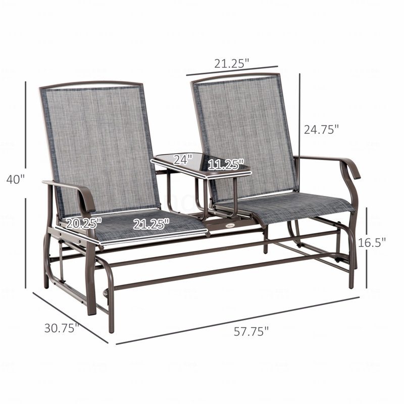 Banc oscillant en tissu gris avec table centrale, causeuse de patio à structure en métal avec filet respirant et accoudoirs pour la véranda de jardin