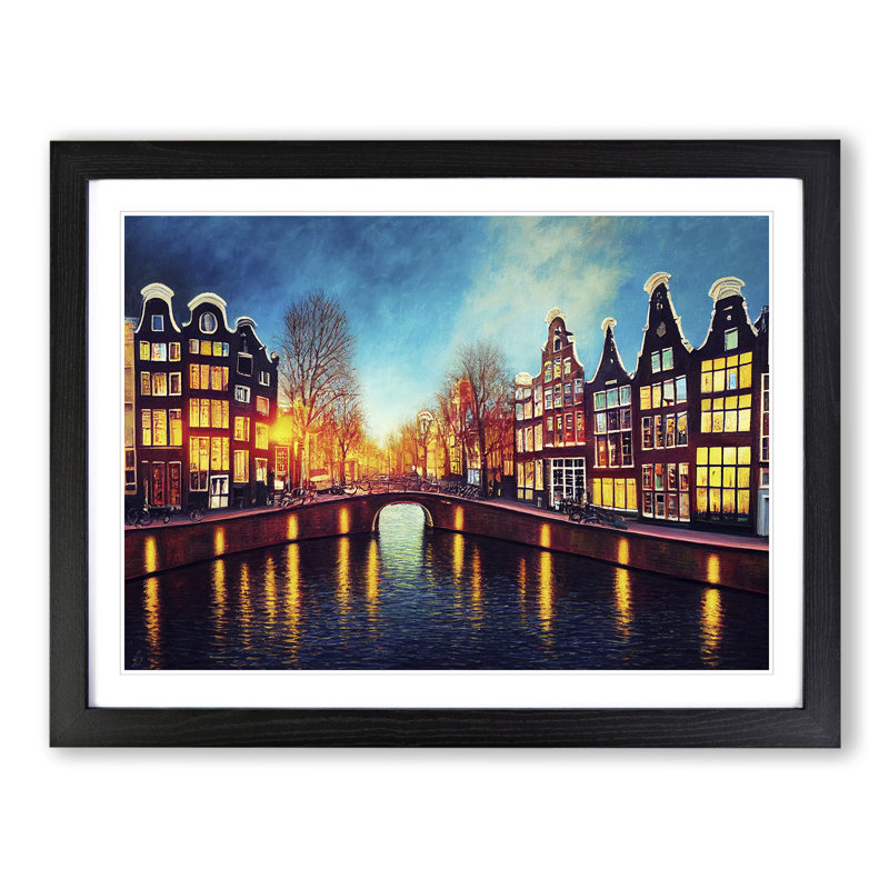 Amsterdam Canal Art Painting - Framed Print, Black, 34cm H x 46cm W x 2cm D