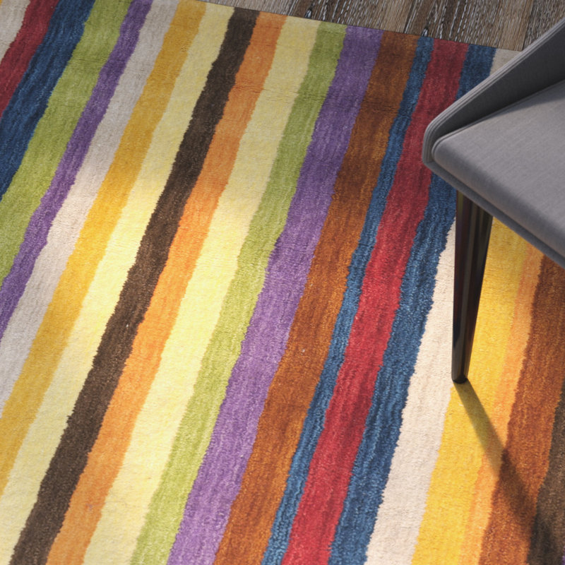 Tapis jaune en laine rayé fait à la main Frann, Rond 6 pi