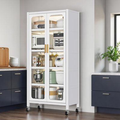Rangement de garde-manger en métal de 65 po avec portes magnétiques transparentes, tablettes réglables, 360 roues et verrou de frein, structure d'armoire blanche pour le salon, tablettes à ouverture double, roues mobiles, idéal