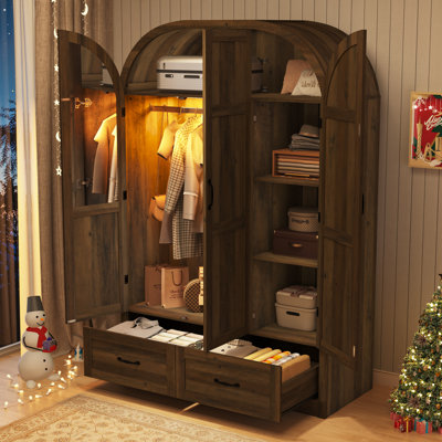 71" Farmhouse 3 Doors Armoire Wardrobe with Mirror & Lights, Wood Arched Closet with Hanging Rod & 2 Drawers for Bedroom