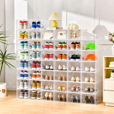 Paquet de 12 boîtes de rangement pour chaussures en plastique transparent avec porte magnétique, organisateur de chaussures empilable pour placard, convient aux espadrilles, bottes et chaussures jusqu'à la taille US 12