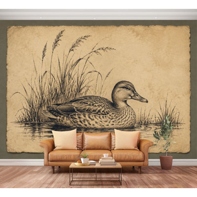 Papier peint adhésif repositionnable, motif canard colvert vintage, étang, herbe sauvage, papier vieilli, style rustique classique, grand format, autocollant et amovible, idéal pour salon, chambre ou chambre d'enfant (254 cm x 366 cm).
