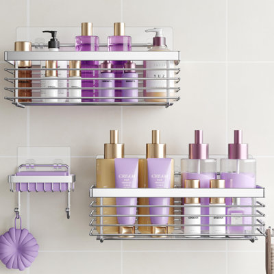 Serviteur de douche - Ensemble de 3 tablettes de salle de bain en acier inoxydable SUS304 sans support de perçage, support mural antirouille pour tablette de douche - Argent