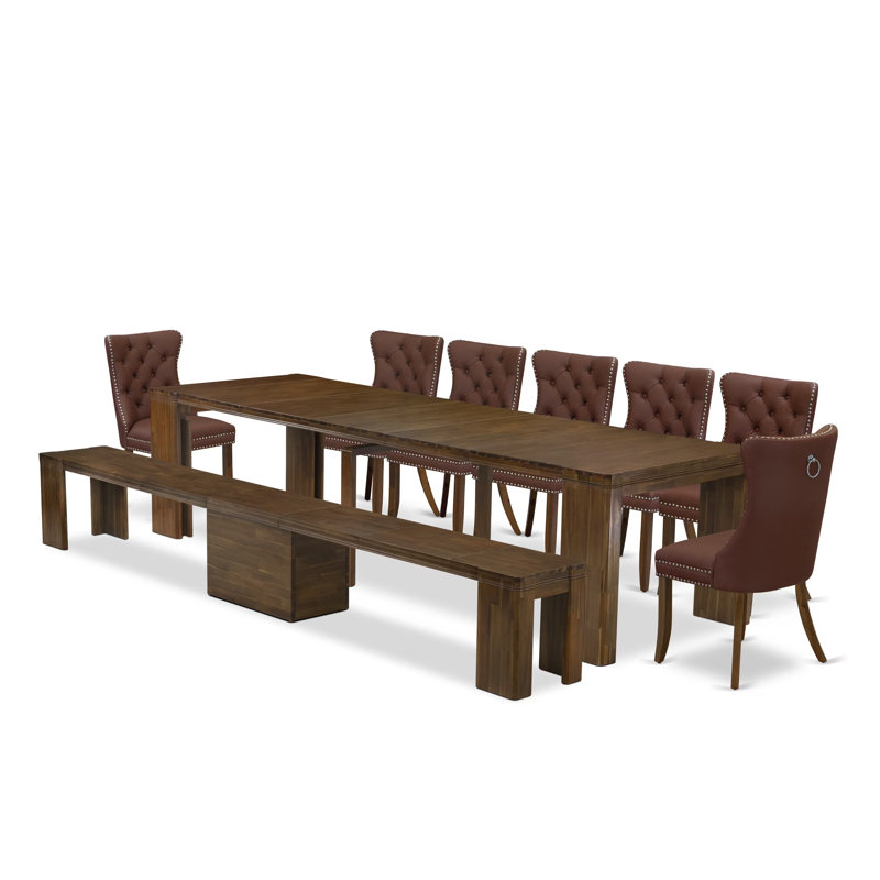 9-Pc Dining Room Table Set includes an Extendable Rectangle Kitchen Table, 7 Polyester Fabric Dining Chairs and 1 Modern Bench, Antique Walnut