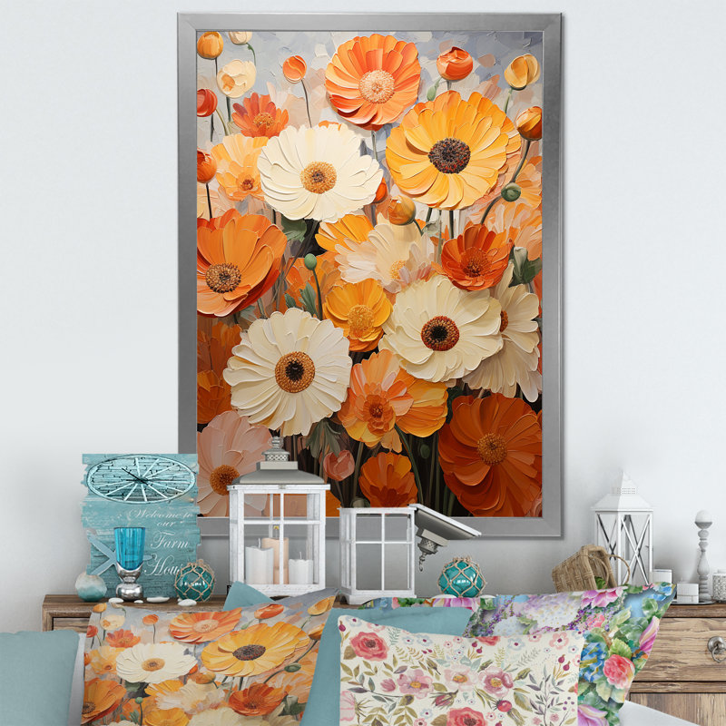Orange Fiery Blooms 3 - Marigold Wall Art, Silver Single Picture Framed, 40" H x 30" W x 1.5" D