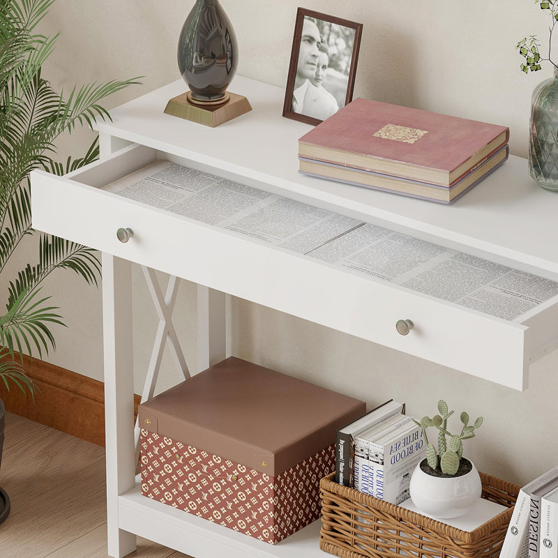 Console avec tiroir et tablettes de rangement, canapé d'entrée pour vestibule dans le salon, couloir, Blanc