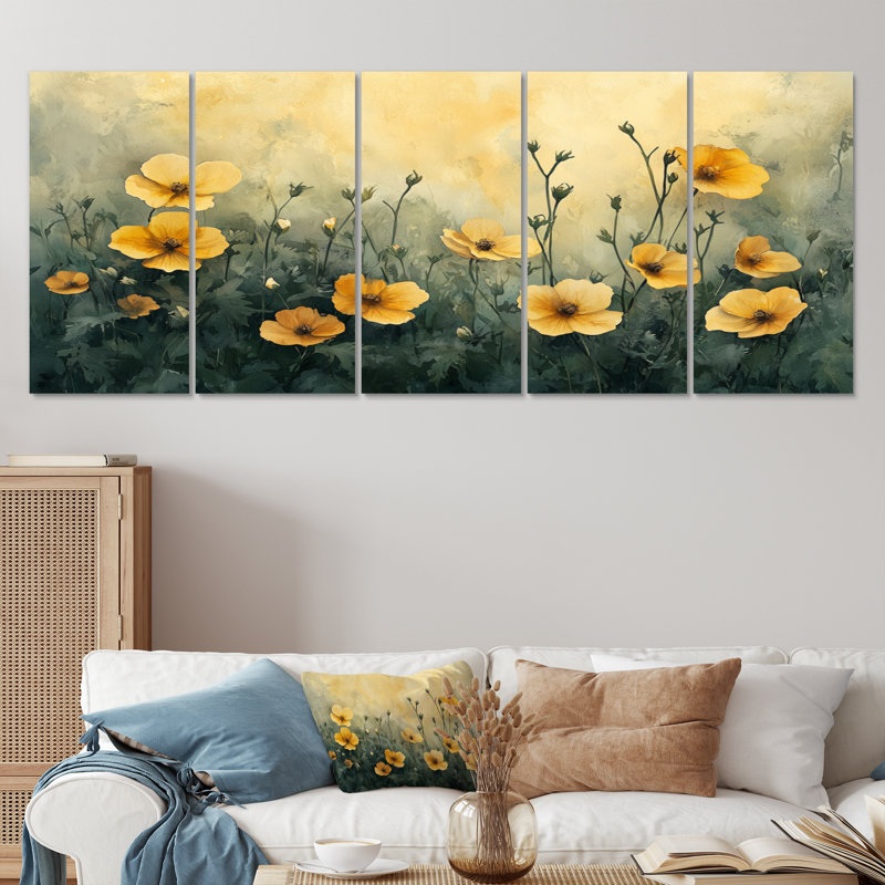 Été, fleurs violettes dans les champs - ensemble de 5 violettes - art mural traditionnel, H 28 po x l 60 po