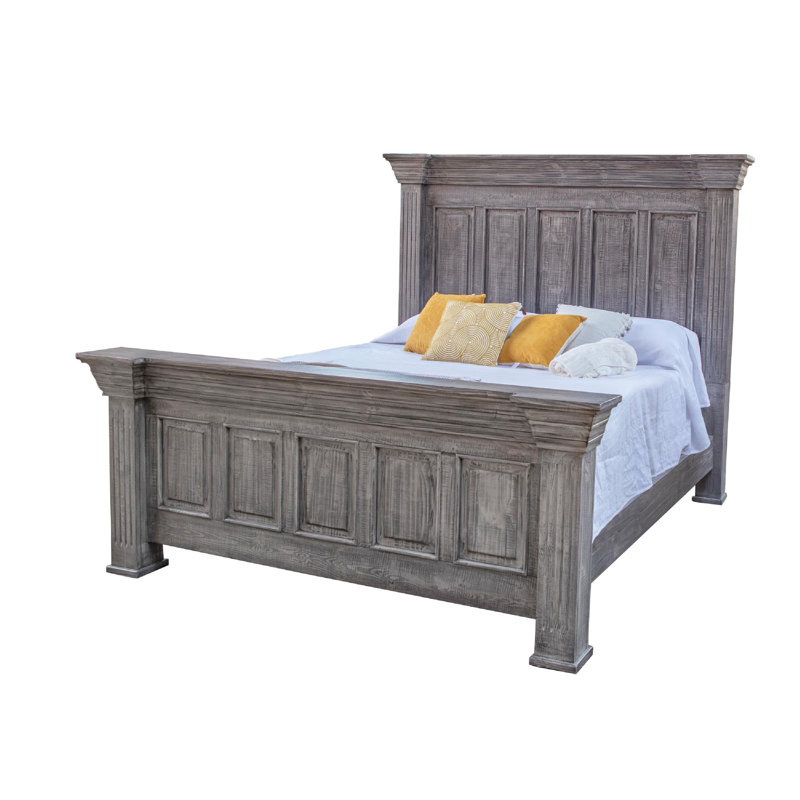 Siya Bed, Rustic Farmhouse Solid Pine Wood, Distressed Gray, Queen
