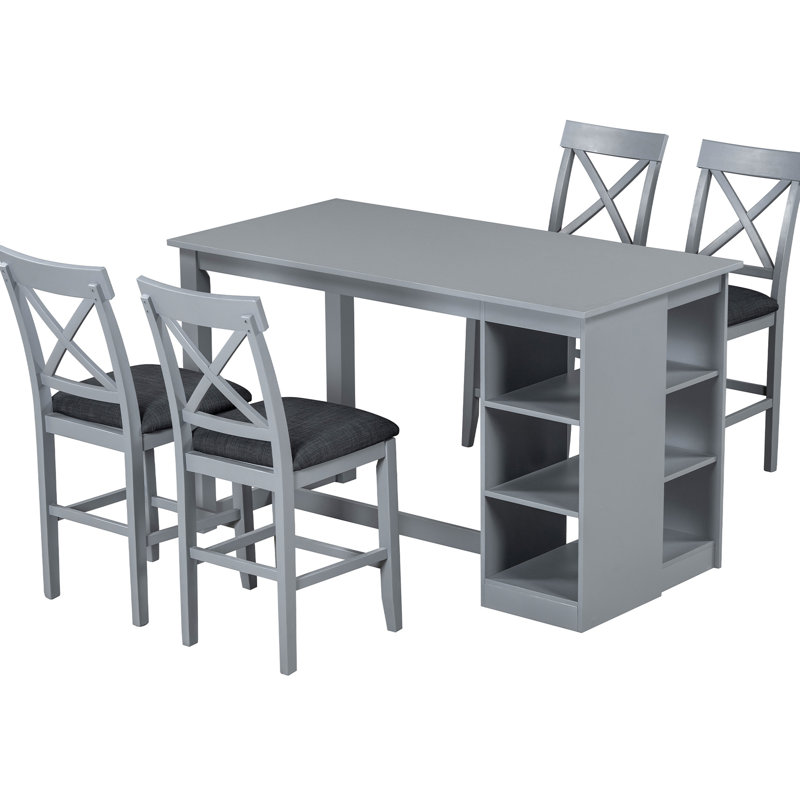 Table de salle à manger grise à hauteur de comptoir avec 3 chaises de rangement rembourrées et ergonomiques pour 4 personnes